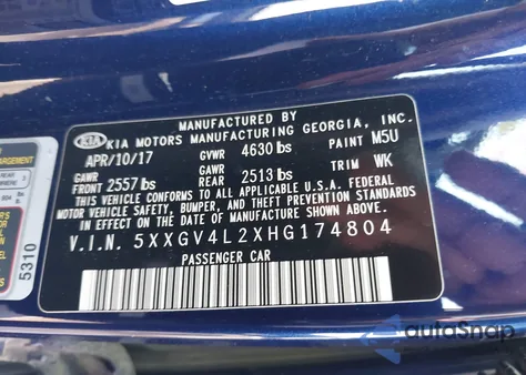 2017 Kia Optima Sxl Turbo z USA, uszkodzony, nr VIN 5XXGV4L2XHG174804